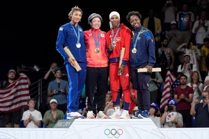 | Photo: AP/Eugene Hoshiko : Paris Olympics Women's freestyle 76kg wrestling: Kennedy Alexis Blades, of the United States, silver, Japan's Yuka Kagami, gold, Cuba's De La Caridad Marin Potrille, Colombia's Tatiana Renteria Renteria, bronze